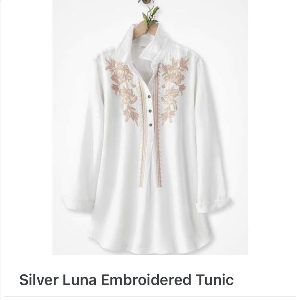 NWOT khaki & tan embroidery on off-white tunic